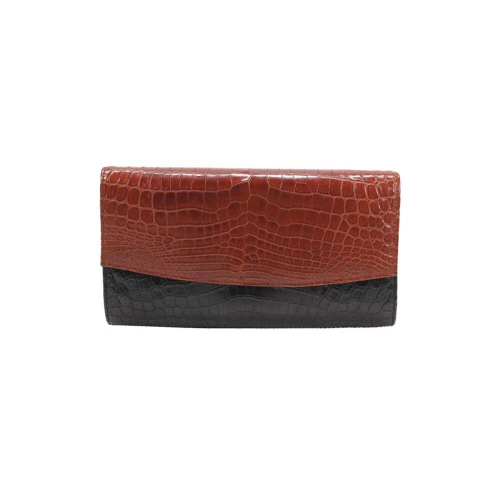 Eileen Kramer Womens Leather Crocodile Print Clutch Handbag Brown Black